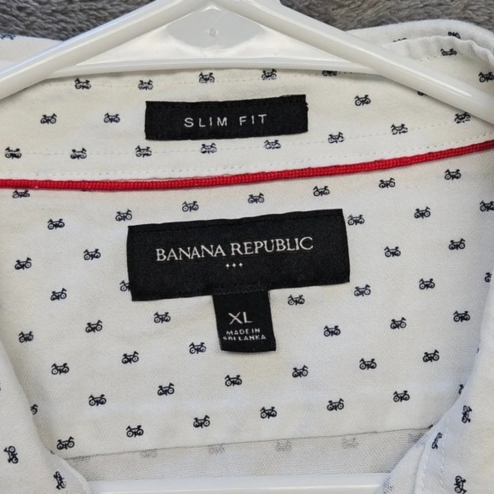 Banana Republic Mens XL‎ Slim Fit White Navy Bicycle Print Button Down Shirt SS